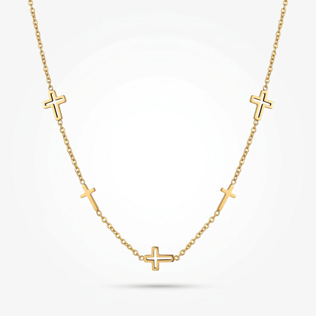 QIAOREN 10660 Multiple Hollow Cross Station Choker Necklace 18K Gold Plated Stainless Steel Link Chain Waterproof Jewelry
