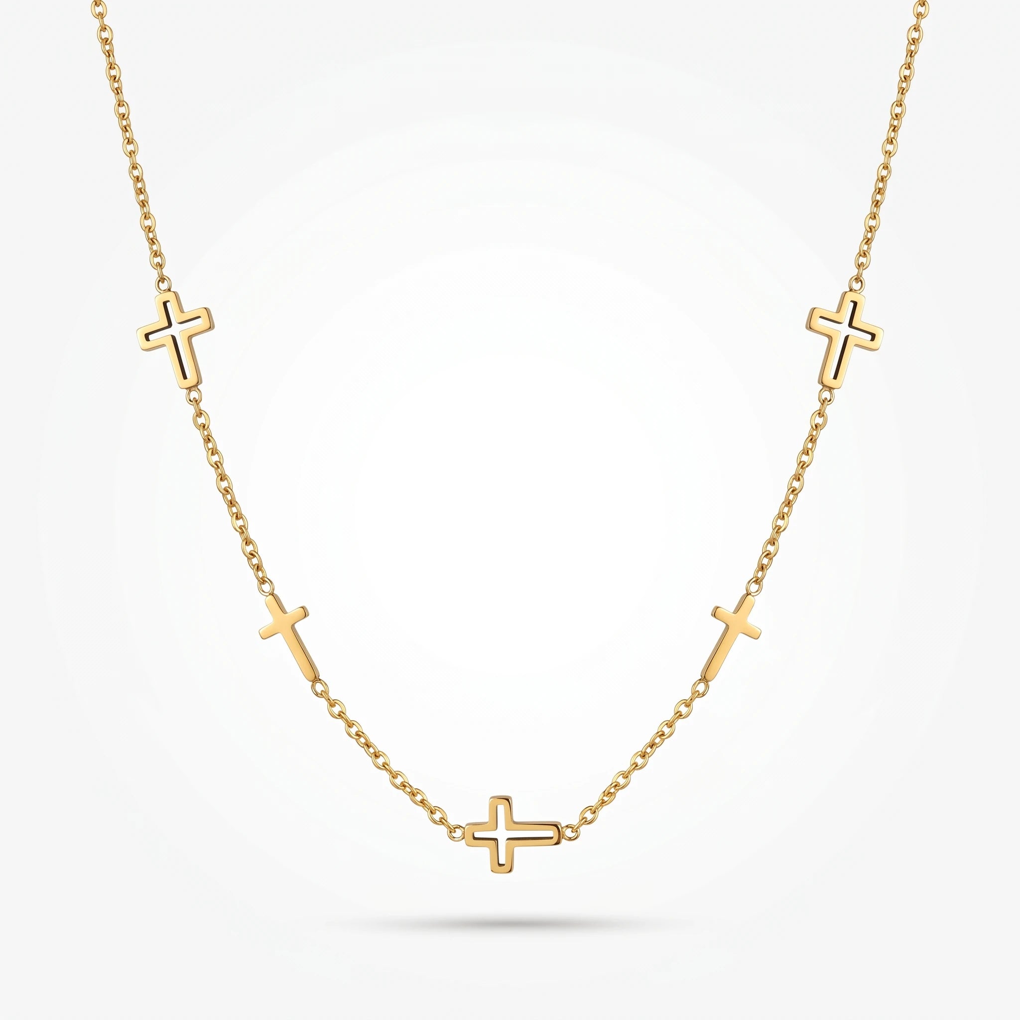 QIAOREN 10660 Multiple Hollow Cross Station Choker Necklace 18K Gold Plated Stainless Steel Link Chain Waterproof Jewelry