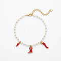 QIAOREN 13329 Western Pearl Anklet with Red Chili & Cowboy Boot Charms, Retro Country Foot Jewelry Gift for Trendy Daily Outfits