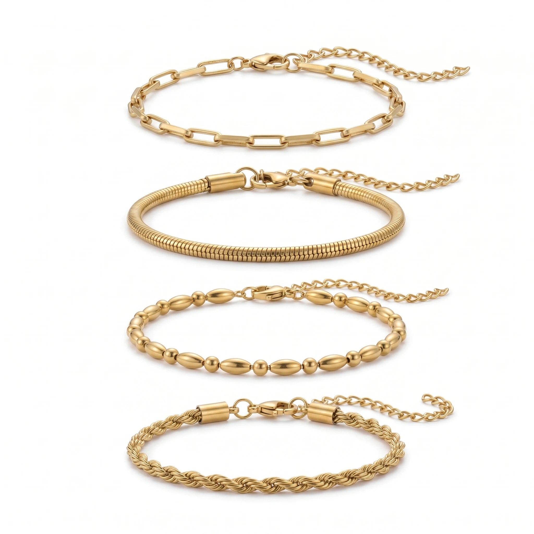 QIAOREN 11503 Waterproof Tarnish Resistant 18K Gold Plated Stainless Steel 4pcs Layering Bracelet Set