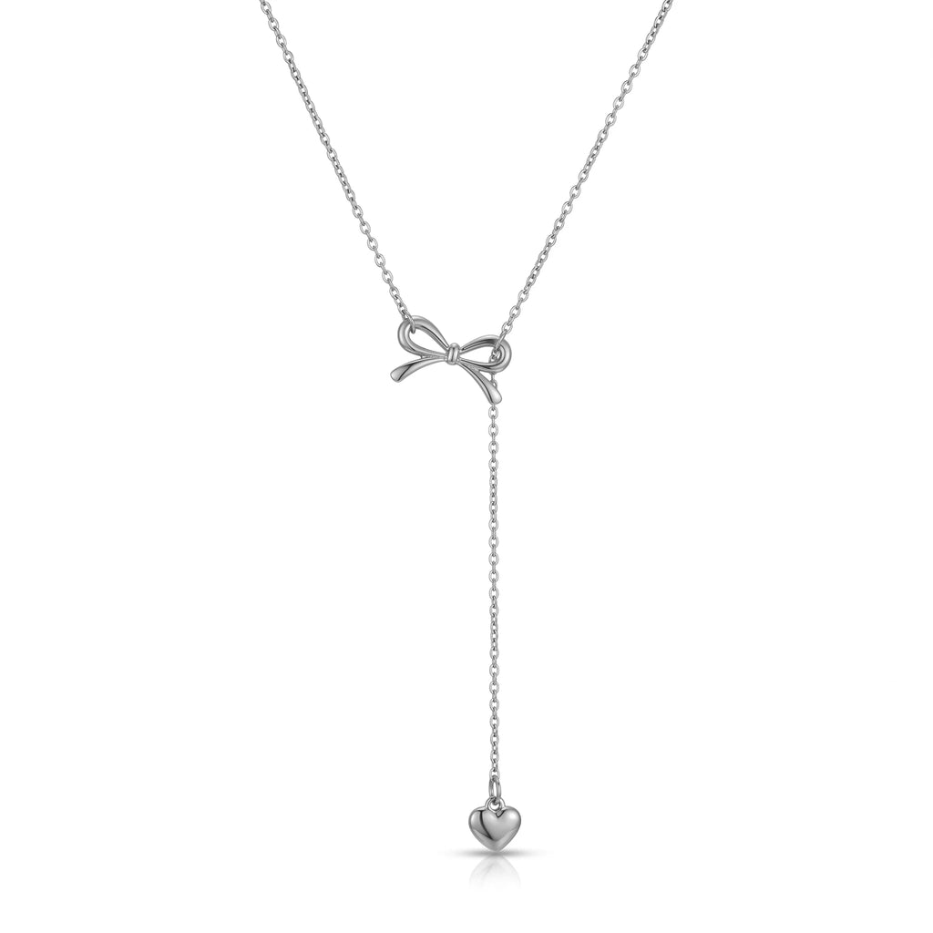 QIAOREN13155 Gold Plated Bow Knot Heart Y Necklace Stainless Steel Dainty Lariat Necklace Minimalist Jewelry for Women