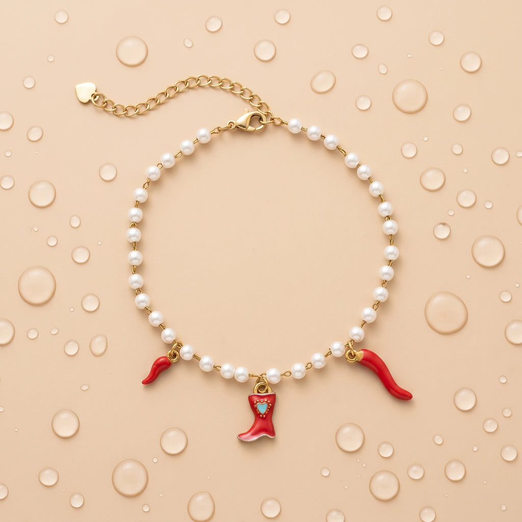 QIAOREN 13329 Western Pearl Anklet with Red Chili & Cowboy Boot Charms, Retro Country Foot Jewelry Gift for Trendy Daily Outfits