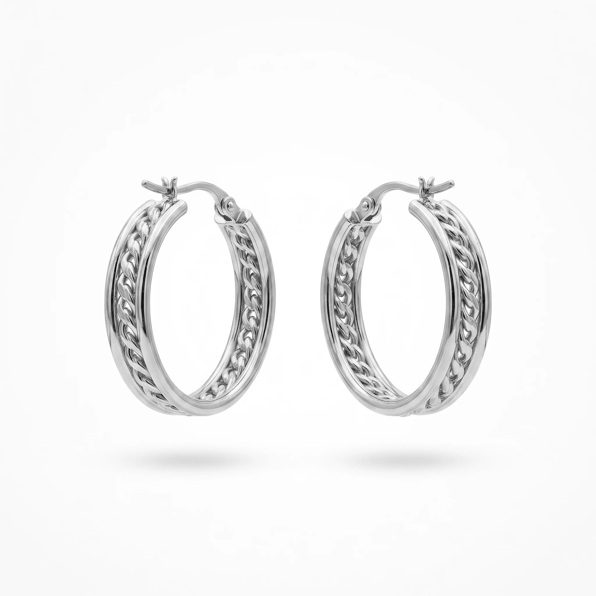 QIAOREN 12385 Chunky Cuban Link Chain Hoop Earrings Gold Stainless Steel Textured Curb Chain Inset Hoops Women US Europe