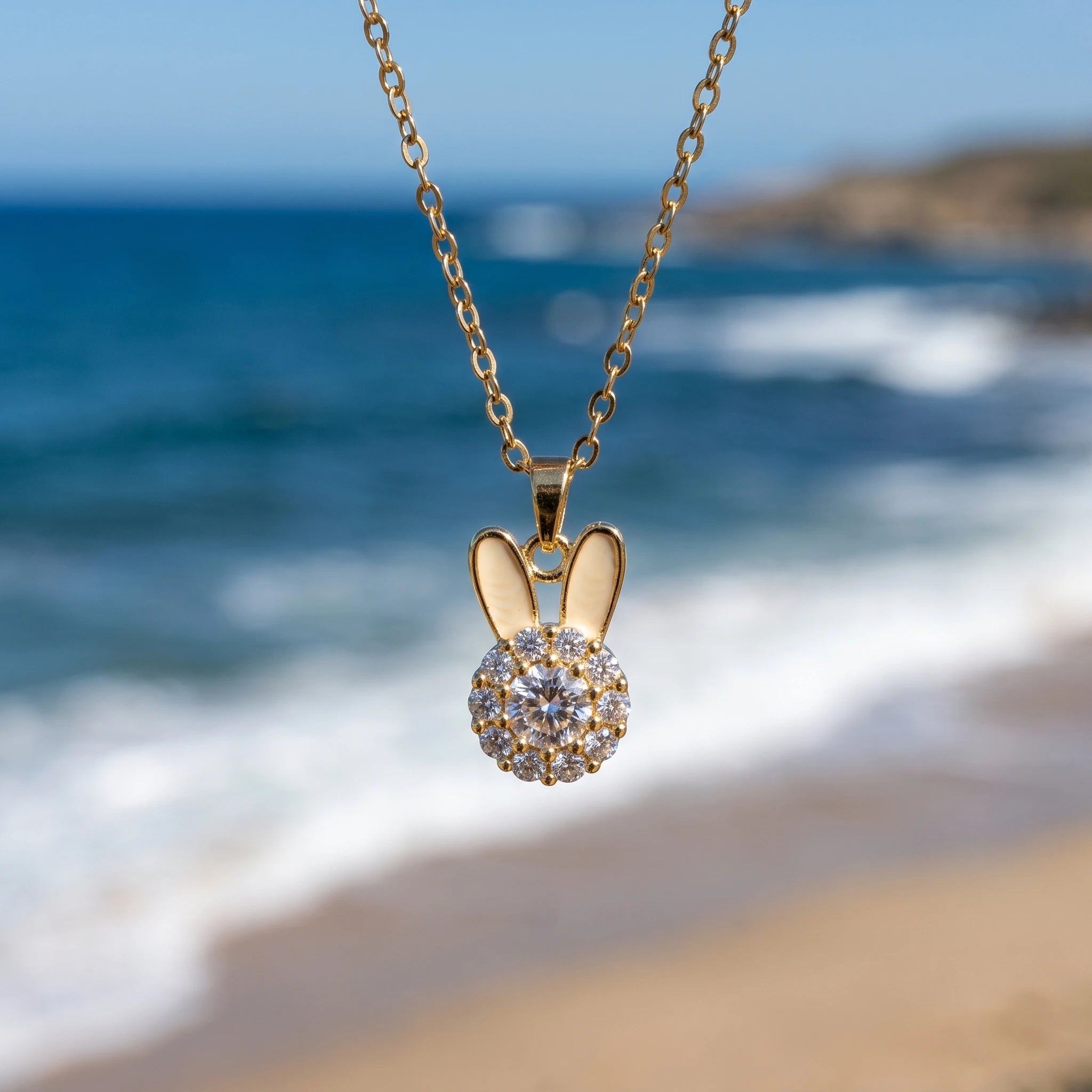 QIAOREN 14007 Thin Cable Chain Pendant Necklace with Enamel Ear Bunny Charm Paved Round Clear CZ Stones