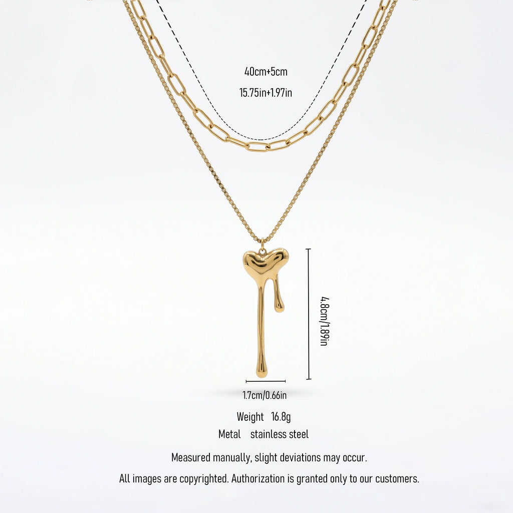 QIAOREN 11625 Stainless Steel 18K Gold Layered Necklace Melting Heart Pendant Double Chain Adjustable Jewelry for Women