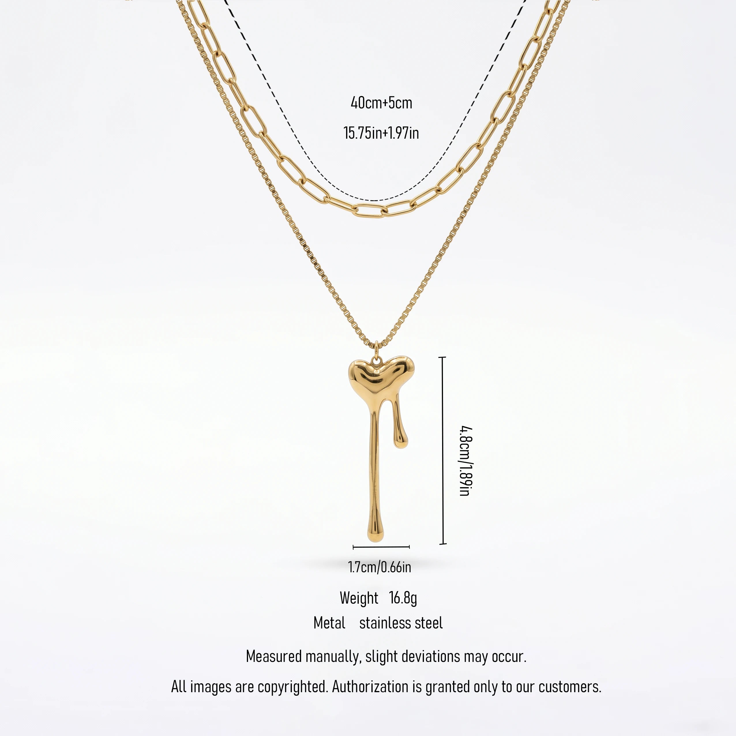 QIAOREN 11625 Stainless Steel 18K Gold Layered Necklace Melting Heart Pendant Double Chain Adjustable Jewelry for Women