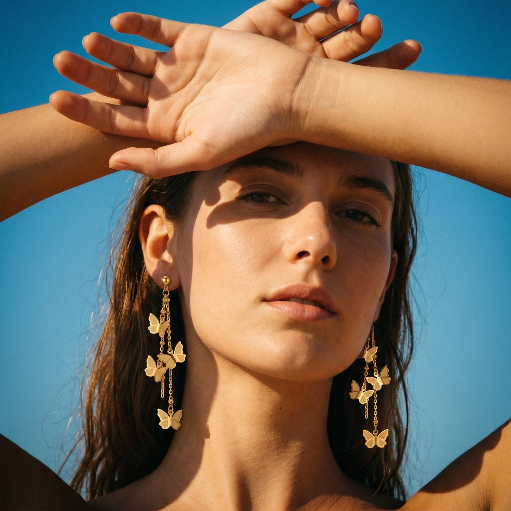 QIAOREN 10788 Dainty Long Tassel Butterfly Dangle Earrings 18K Gold Plated Stainless Steel Waterproof Non Tarnish Women Jewelry