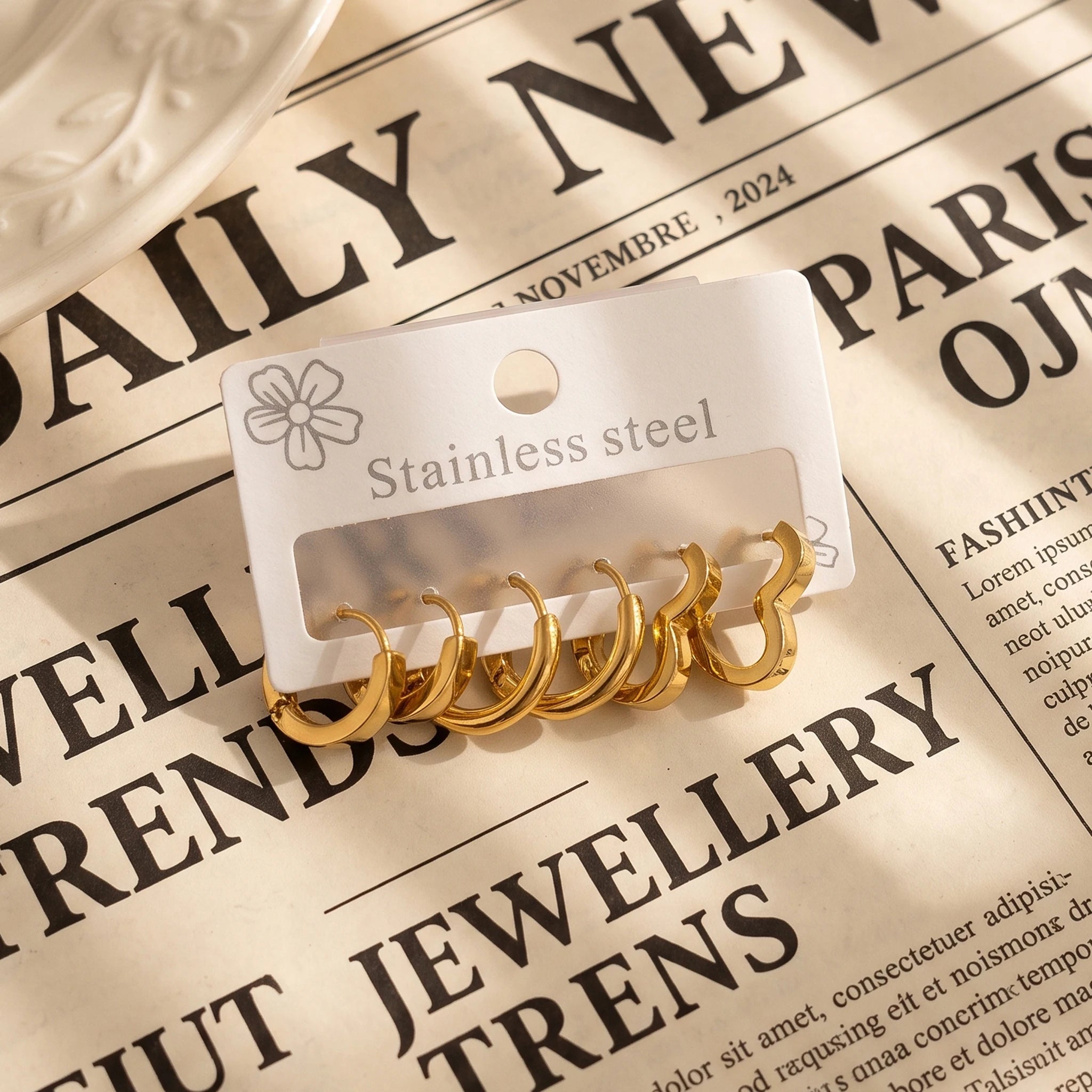QIAOREN 14474 3 Pair Gold Stainless Steel Huggie Hoop Earrings Set, Flat Square, Thick Round & Wavy Shape