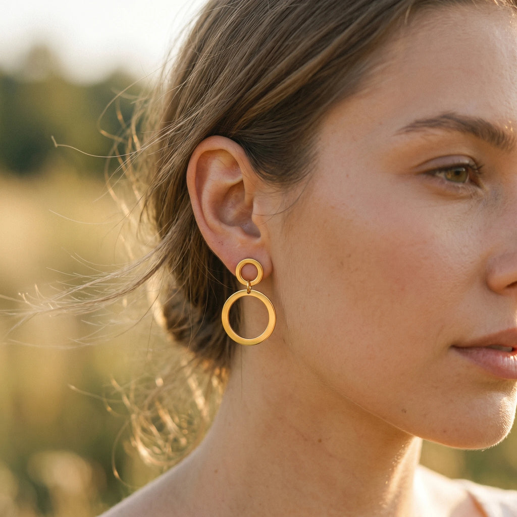 QIAOREN 11192 Chic Double Circle Stud Earrings Waterproof Stainless Steel Gold Earrings European Style Jewelry