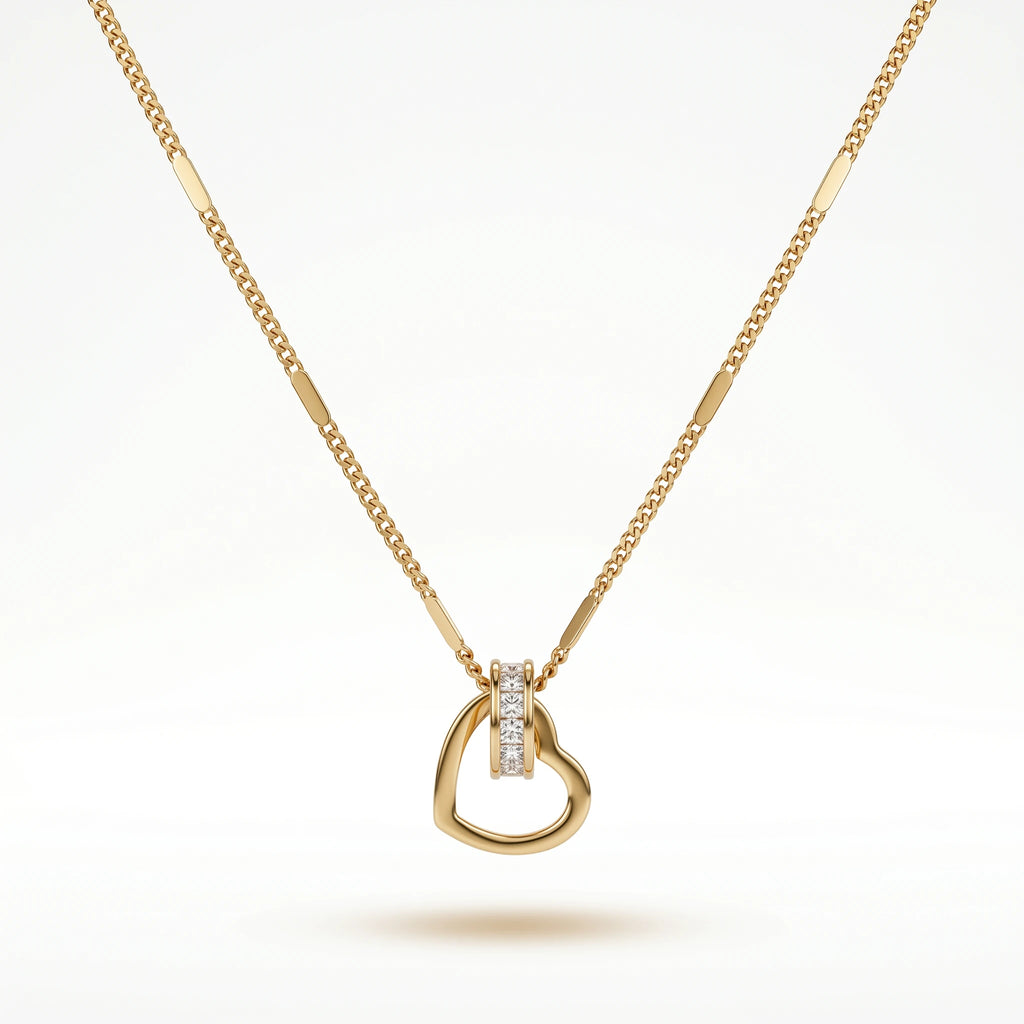 QIAOREN 10825 Tarnish Resistant Waterproof 18K Gold Plated Stainless Steel Open Heart Necklace With CZ Accent