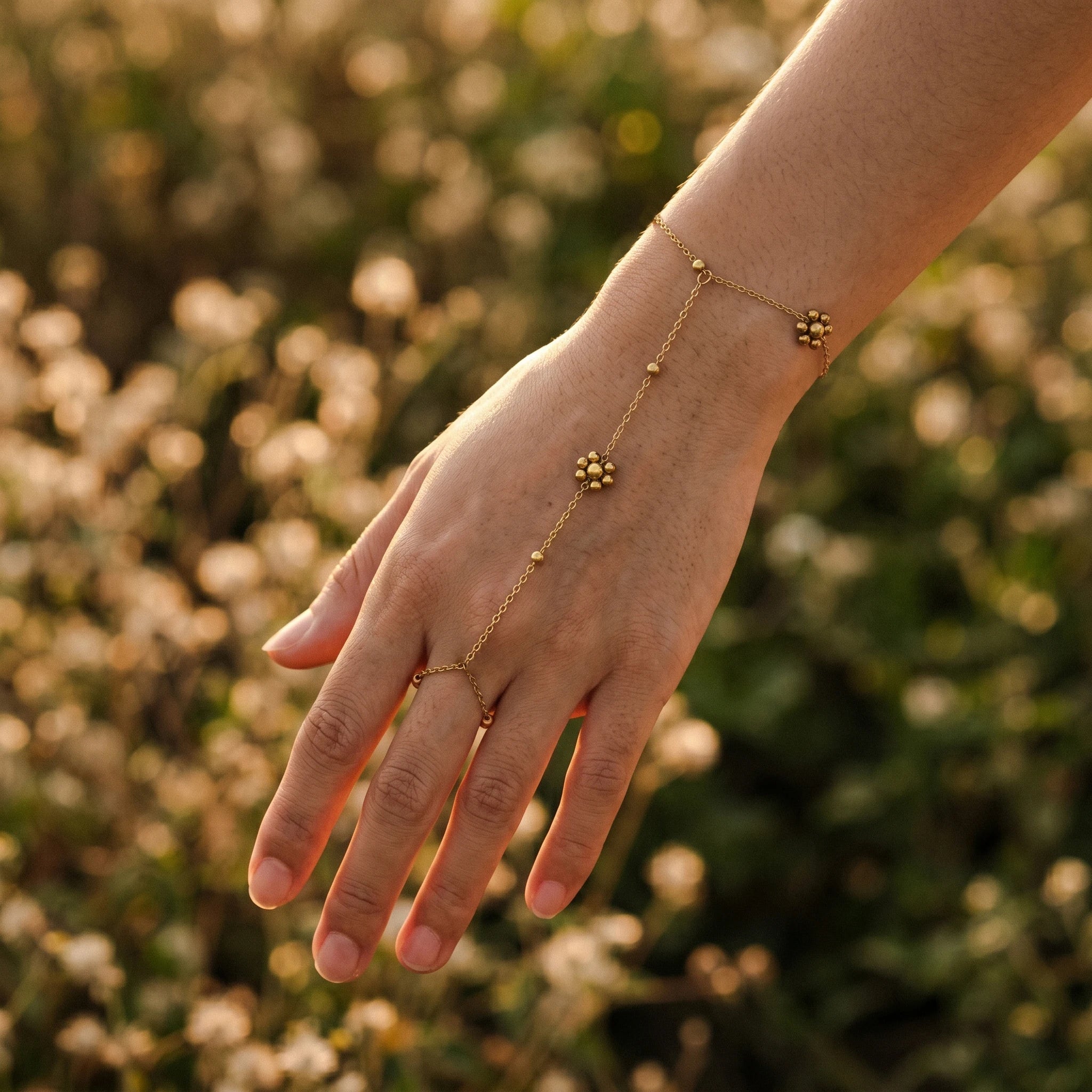 QIAOREN 10765 Gold Bead Flower Stainless Steel Hand Chain Bracelet  Slave Ring Bracelet for Women Party
