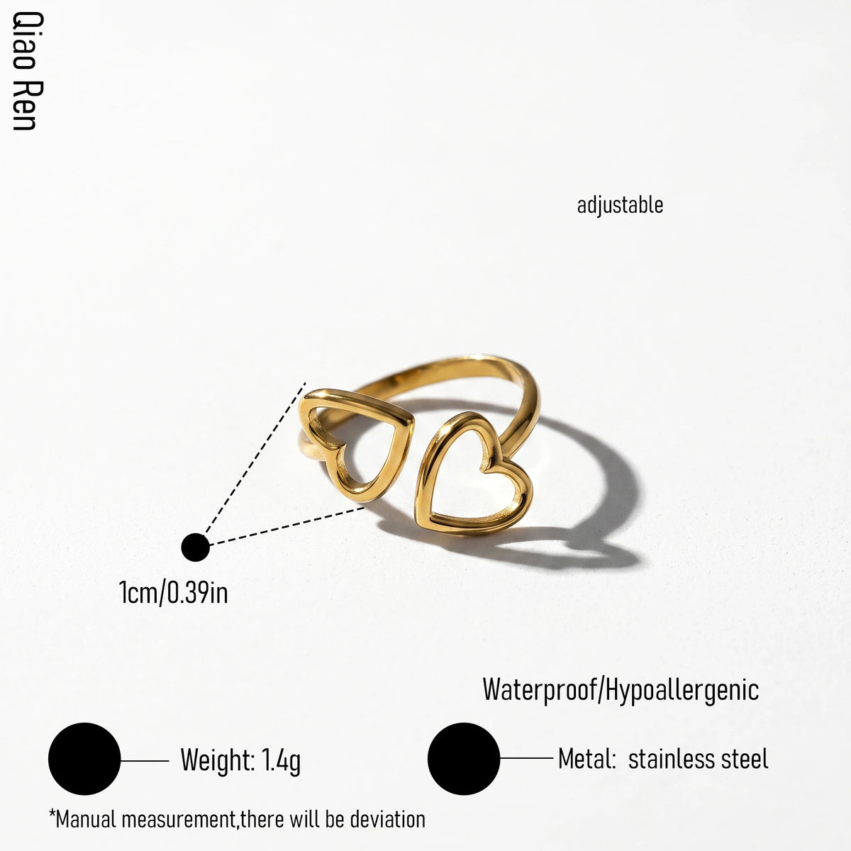 QIAOREN 14149-57 Heart Theme Stackable Open Ring Set, Multi Styles Love Shape Adjustable Ring Jewelry Gift for Daily Outfits