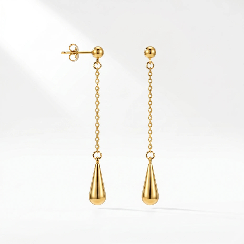 QIAOREN 10633 Minimalist Teardrop Stud Earrings Stainless Steel Gold Plated Long Chain for Ladies