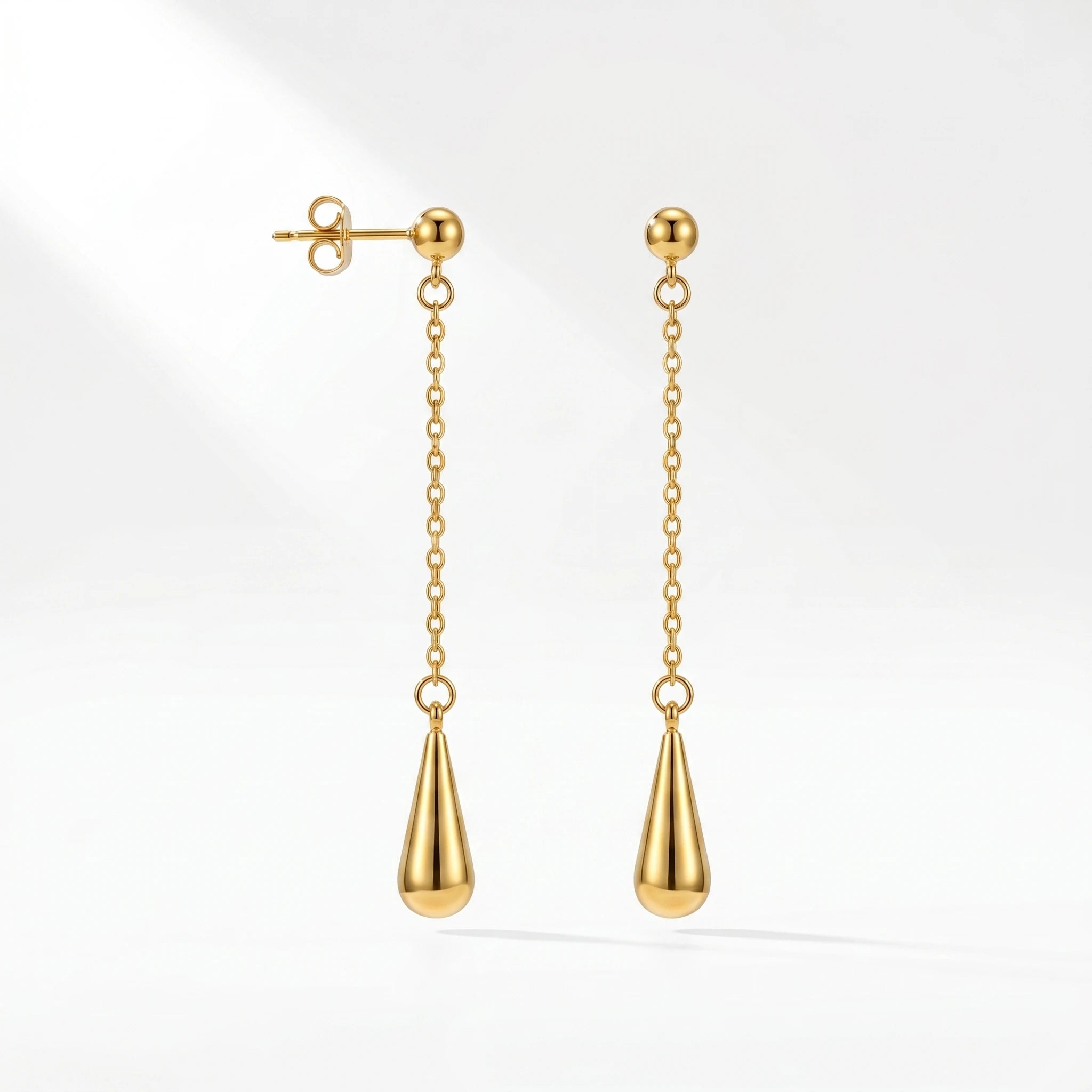 QIAOREN 10633 Minimalist Teardrop Stud Earrings Stainless Steel Gold Plated Long Chain for Ladies