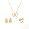 QIAOREN11930 Elegant Boho Monstera Leaf Jewelry Set Stainless Steel Gold  Pendant Necklace Leaf Earrings Ring Gift for Women