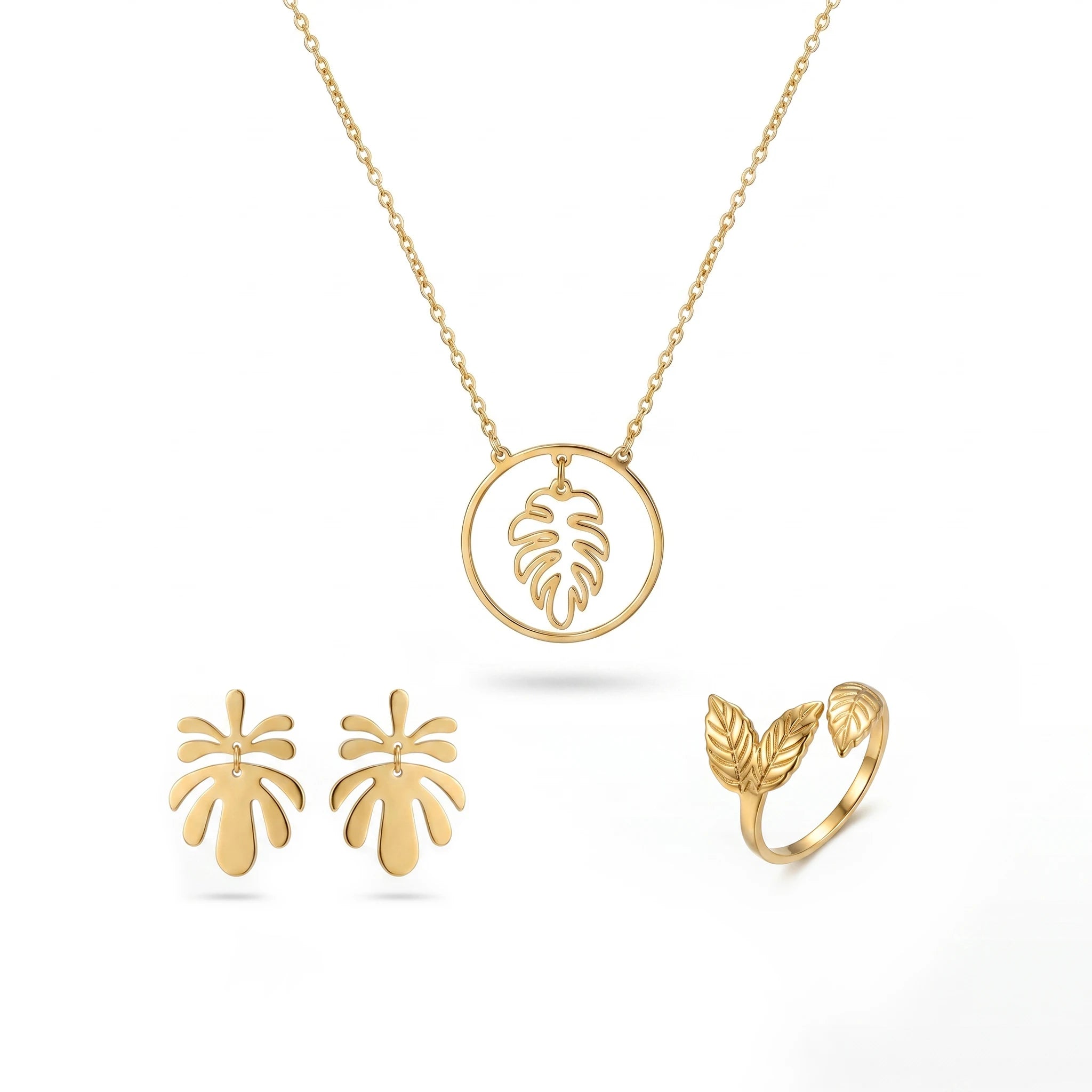 QIAOREN11930 Elegant Boho Monstera Leaf Jewelry Set Stainless Steel Gold  Pendant Necklace Leaf Earrings Ring Gift for Women