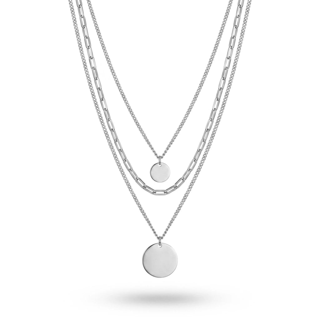 QIAOREN 11359 18K Gold Plated 3 Layered Paperclip Chain Necklace With Dual Disc Pendants Stainless Steel Tarnish Free