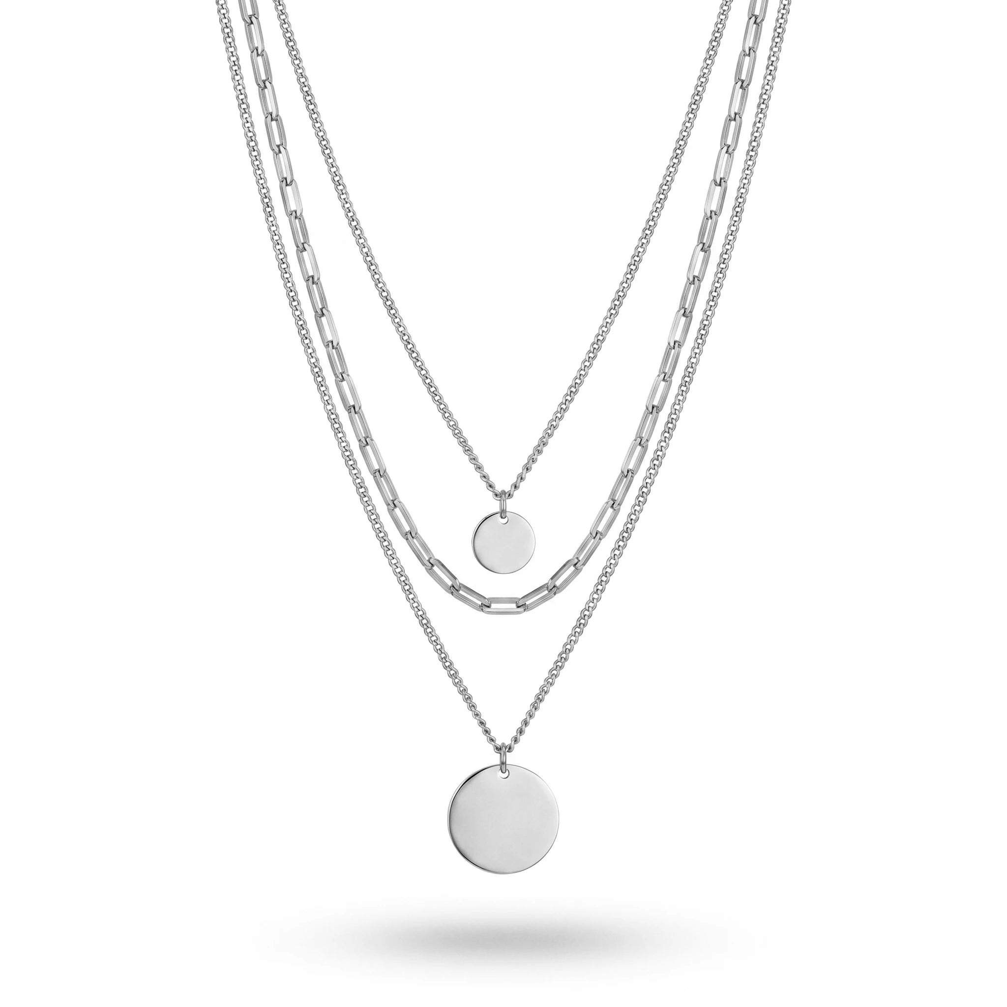 QIAOREN 11359 18K Gold Plated 3 Layered Paperclip Chain Necklace With Dual Disc Pendants Stainless Steel Tarnish Free