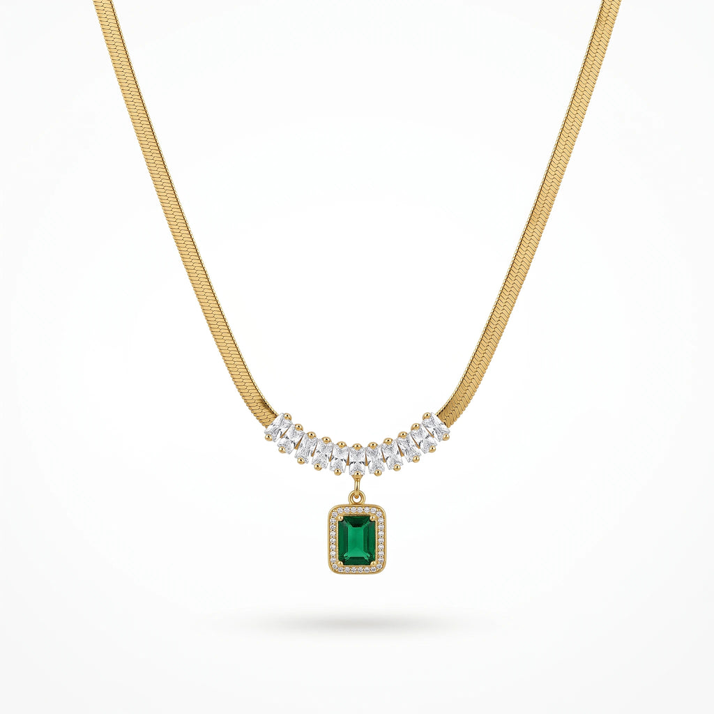 QIAOREN 13471 Luxury Flat Snake Chain Necklace with Marquise Crystal Accents & Halo Rectangle Emerald Pendant Necklace