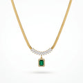 QIAOREN 13471 Luxury Flat Snake Chain Necklace with Marquise Crystal Accents & Halo Rectangle Emerald Pendant Necklace