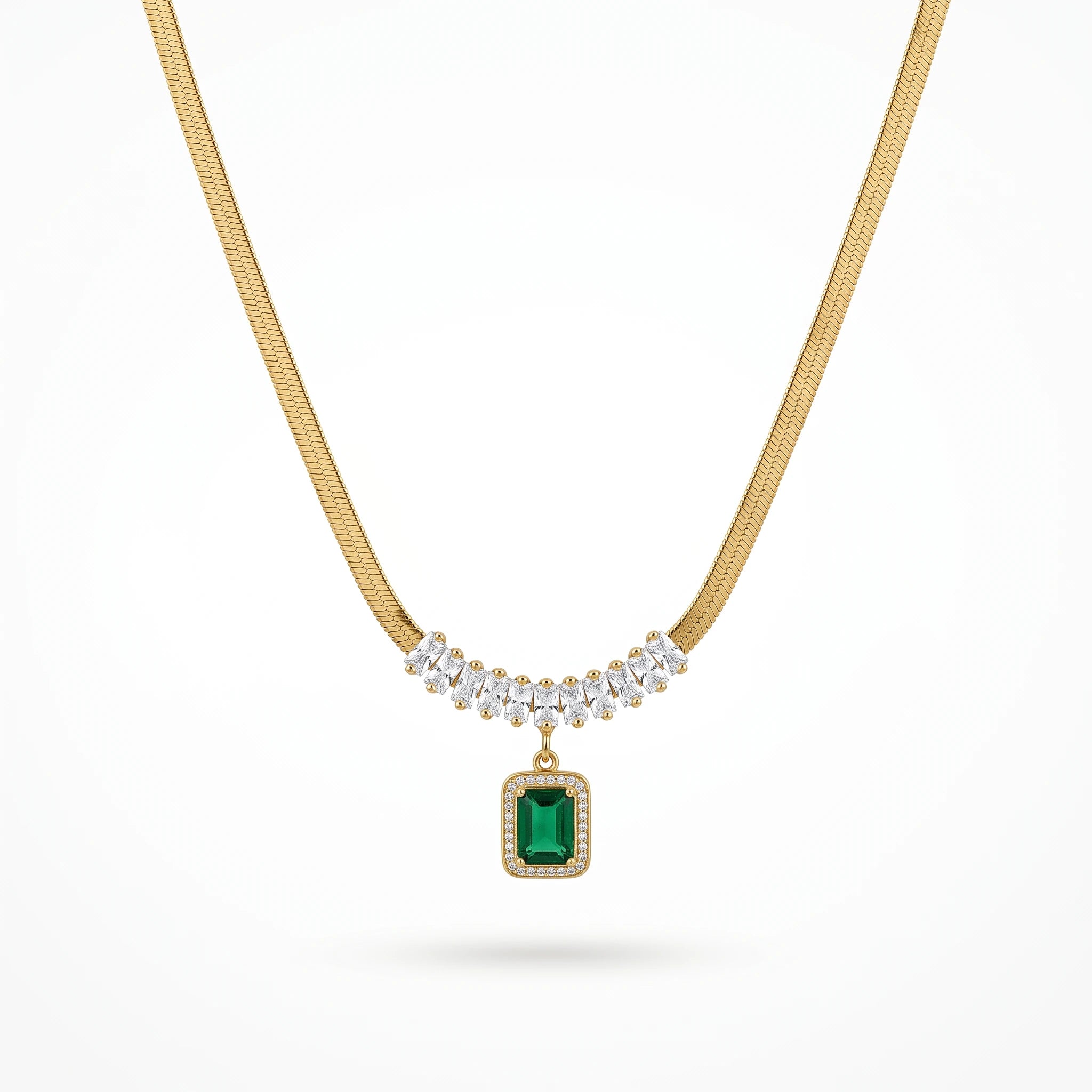 QIAOREN 13471 Luxury Flat Snake Chain Necklace with Marquise Crystal Accents & Halo Rectangle Emerald Pendant Necklace