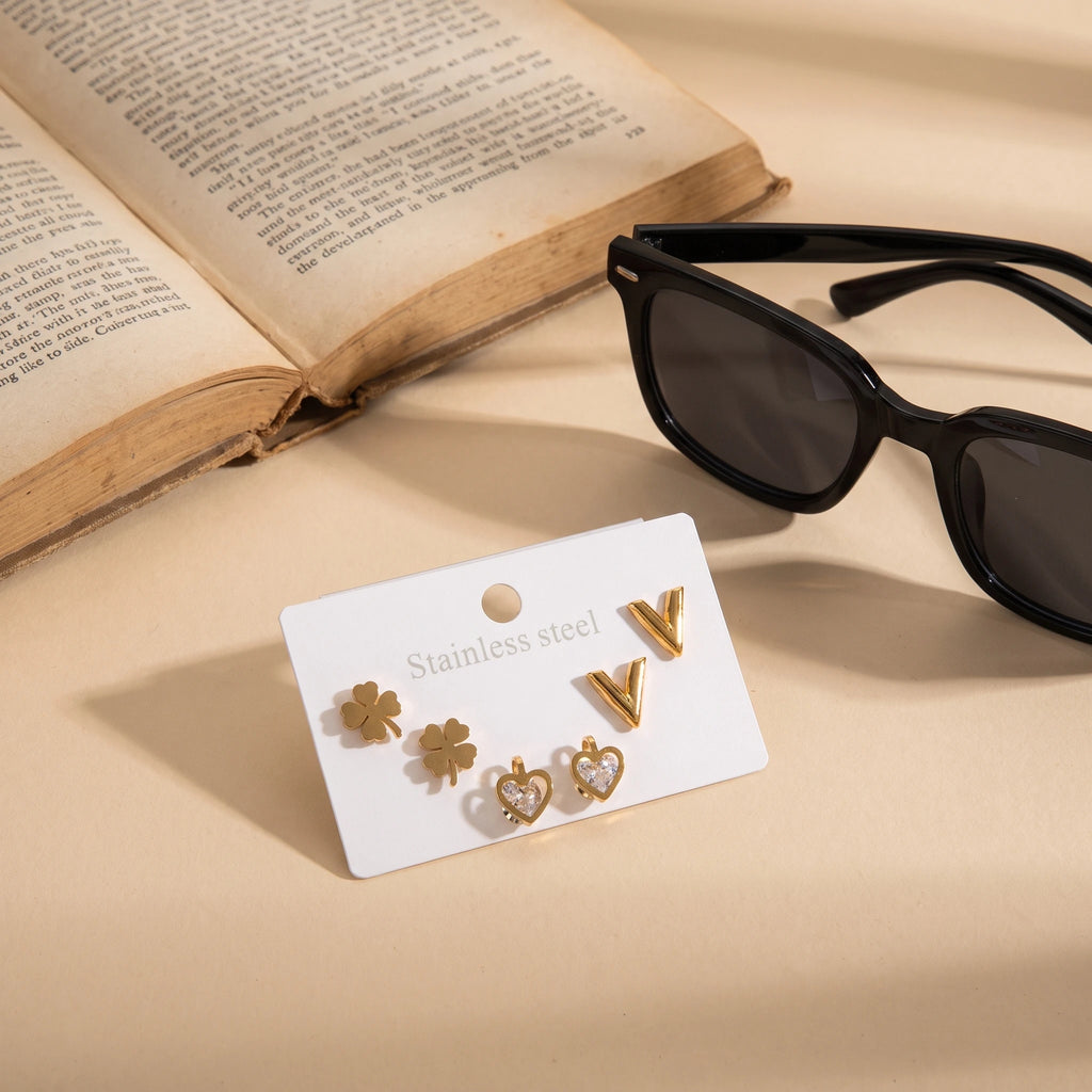 QIAOREN 14459 3 Pair Gold Stainless Steel Stud Earrings Set, Clover, V Shape & Heart CZ Inlaid Studs for Daily Jewelry