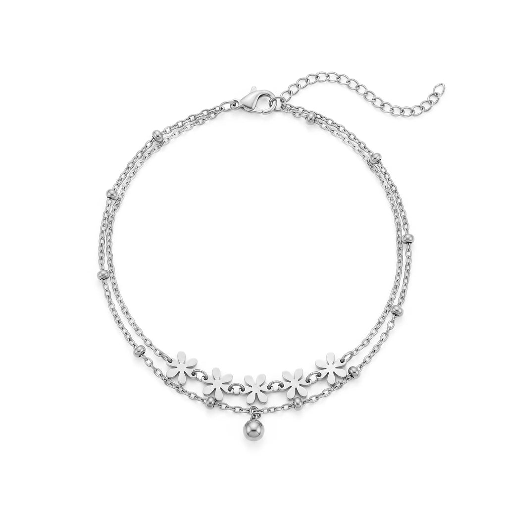 QIAOREN 11761 18K Gold Plated Stainless Steel Tarnish-Resistant Flower Double Layer Anklet
