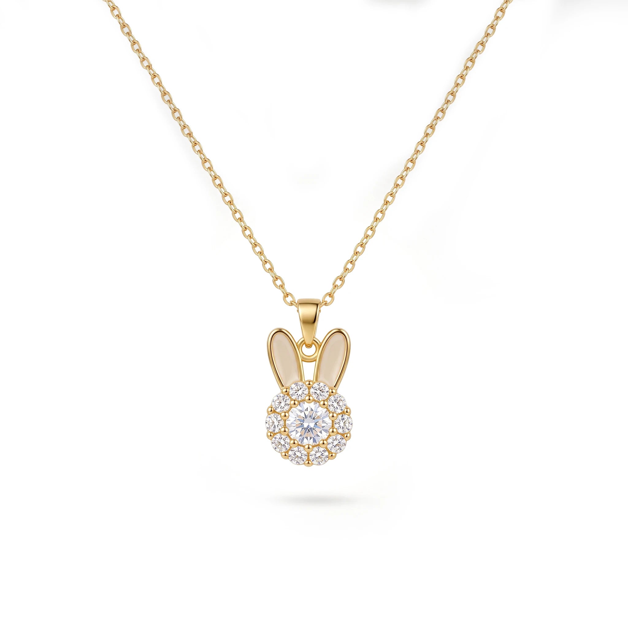 QIAOREN 14007 Thin Cable Chain Pendant Necklace with Enamel Ear Bunny Charm Paved Round Clear CZ Stones