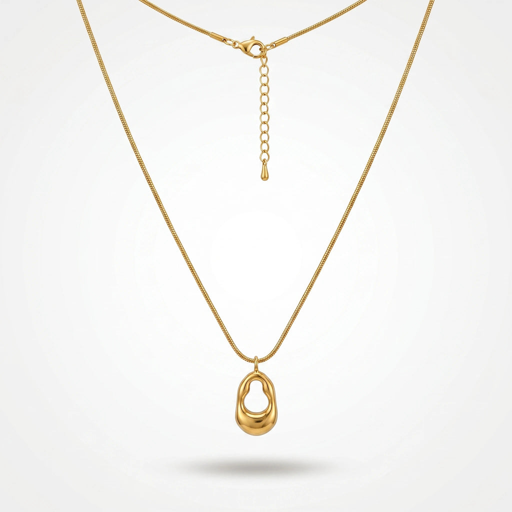 QIAOREN 11071 Stainless Steel Gold Snake Chain Necklace Hollow Irregular Oval Pendant Adjustable Minimalist Women Jewelry Gift