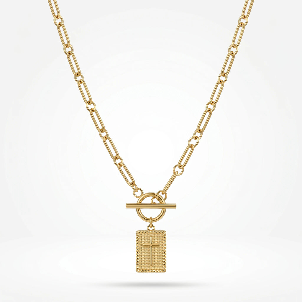 QIAOREN 11819 Waterproof Toggle Clasp Cross Pendant Necklace 18K Stainless Steel Paperclip Chain Durable All-Day Wear Jewelry
