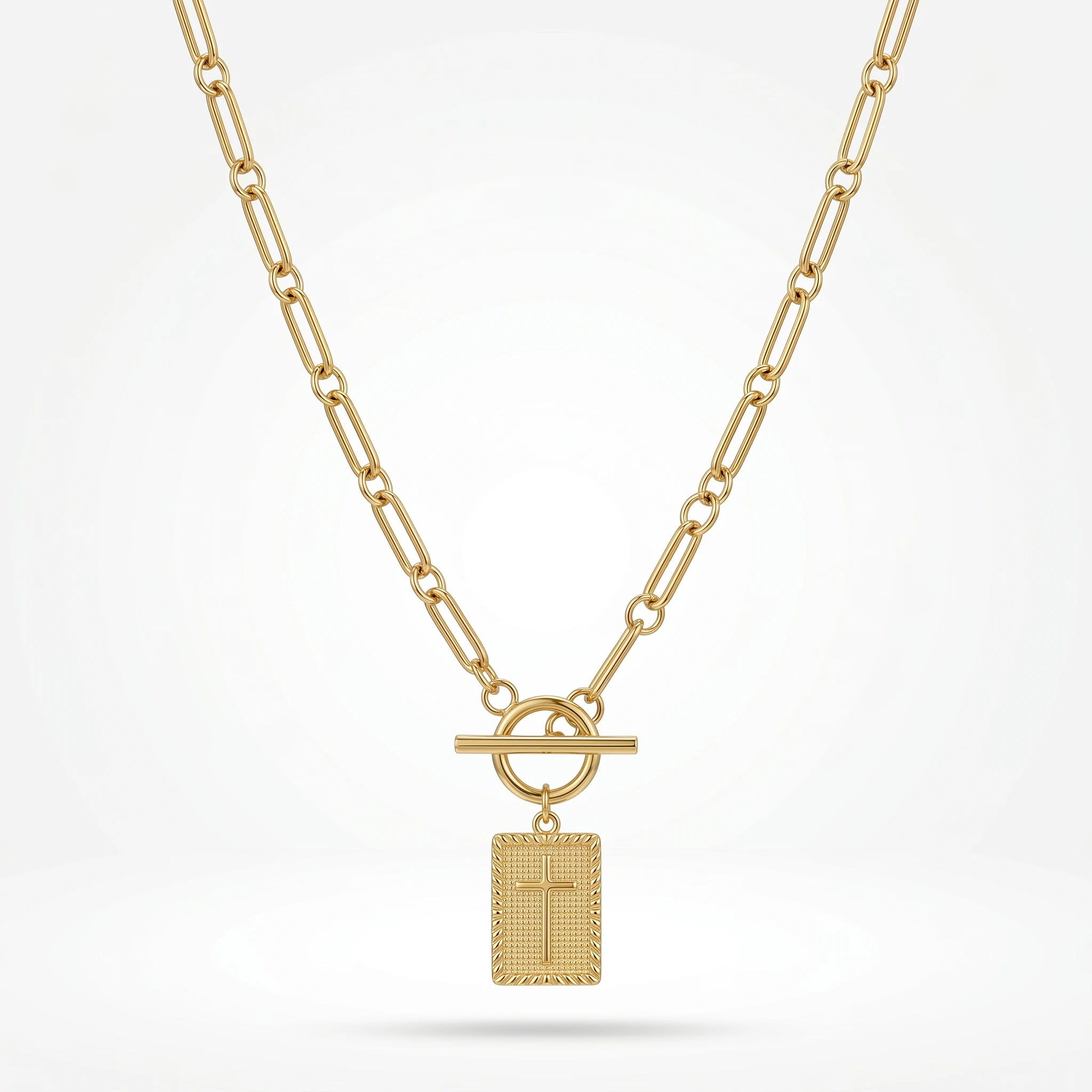 QIAOREN 11819 Waterproof Toggle Clasp Cross Pendant Necklace 18K Stainless Steel Paperclip Chain Durable All-Day Wear Jewelry