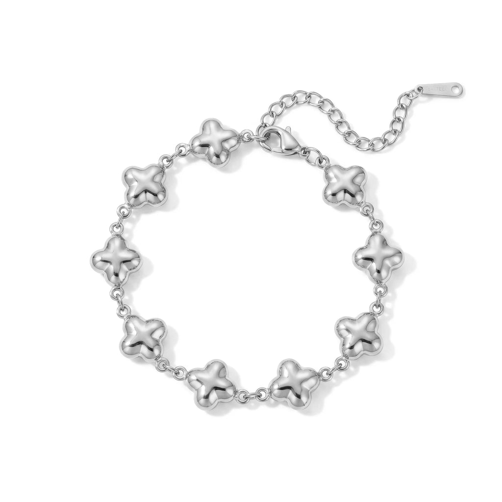 QIAOREN12053 Classic Minimalist Stainless Steel Raised Four Clover Bracelet 18K Gold Plated Trend Stack Wrist Jewelry
