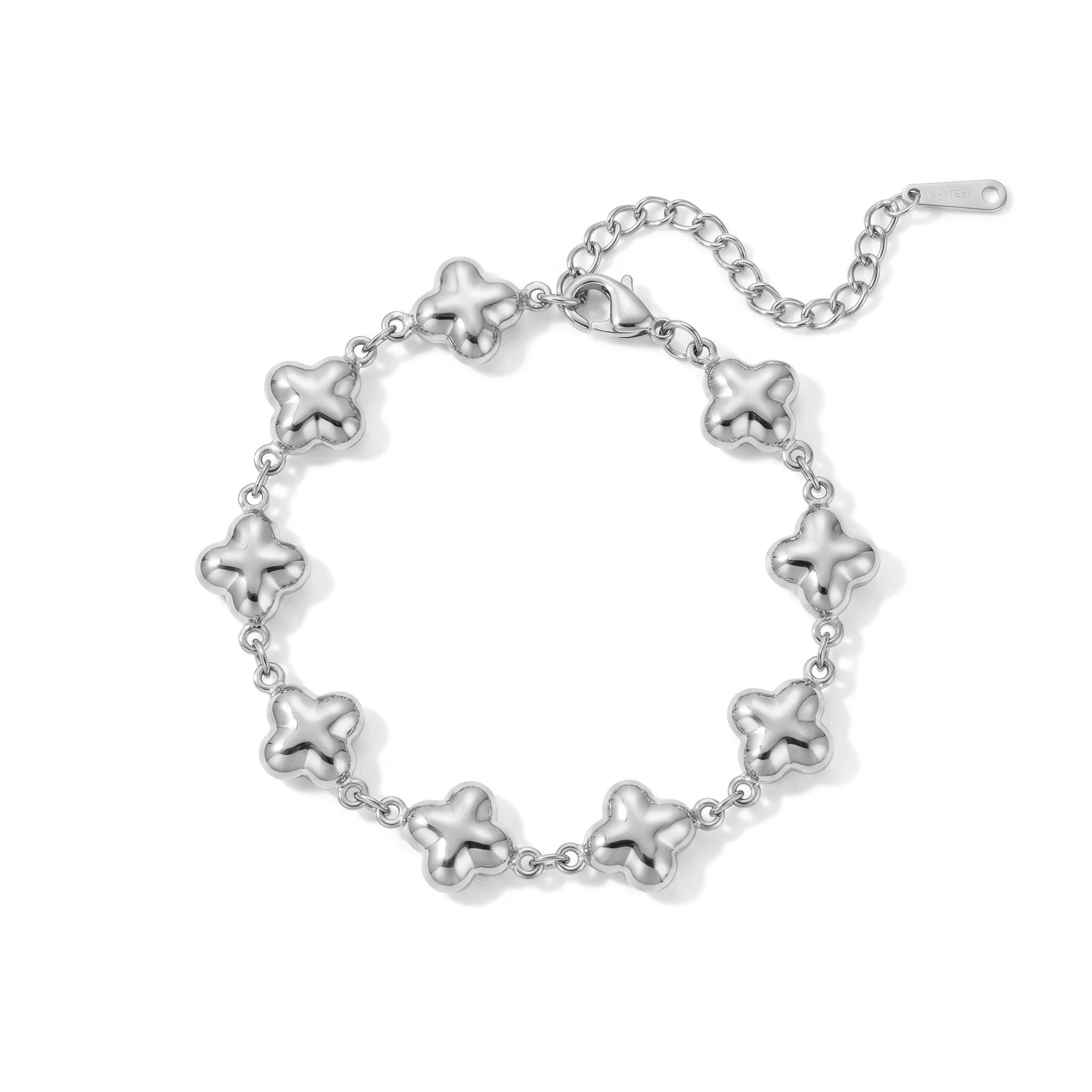 QIAOREN12053 Classic Minimalist Stainless Steel Raised Four Clover Bracelet 18K Gold Plated Trend Stack Wrist Jewelry