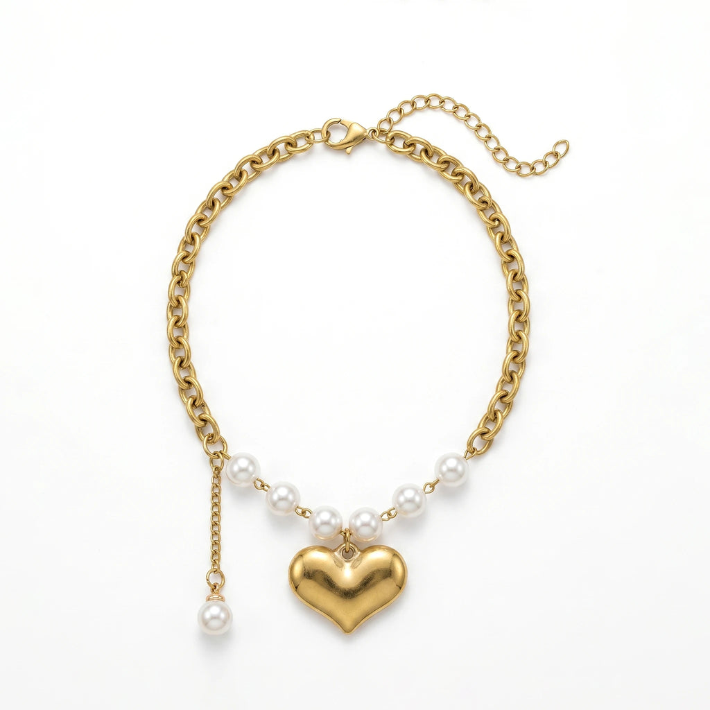 QIAOREN 11728 Trendy Lovers Minimalist Thick Curb Chain Heart Pearl Bracelet Gold Stainless Steel Adjustable Jewelry for Women