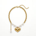 QIAOREN 11728 Trendy Lovers Minimalist Thick Curb Chain Heart Pearl Bracelet Gold Stainless Steel Adjustable Jewelry for Women