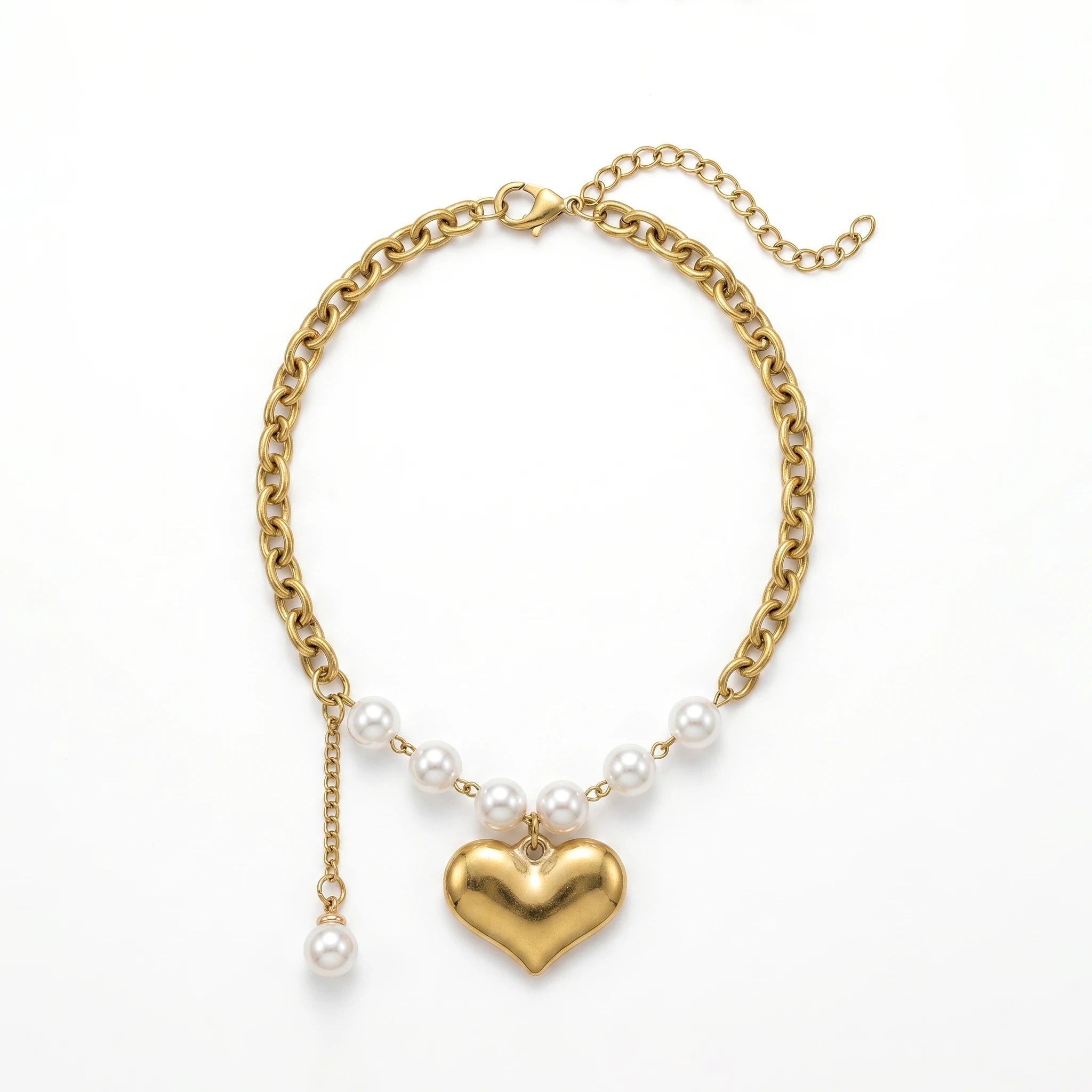 QIAOREN 11728 Trendy Lovers Minimalist Thick Curb Chain Heart Pearl Bracelet Gold Stainless Steel Adjustable Jewelry for Women