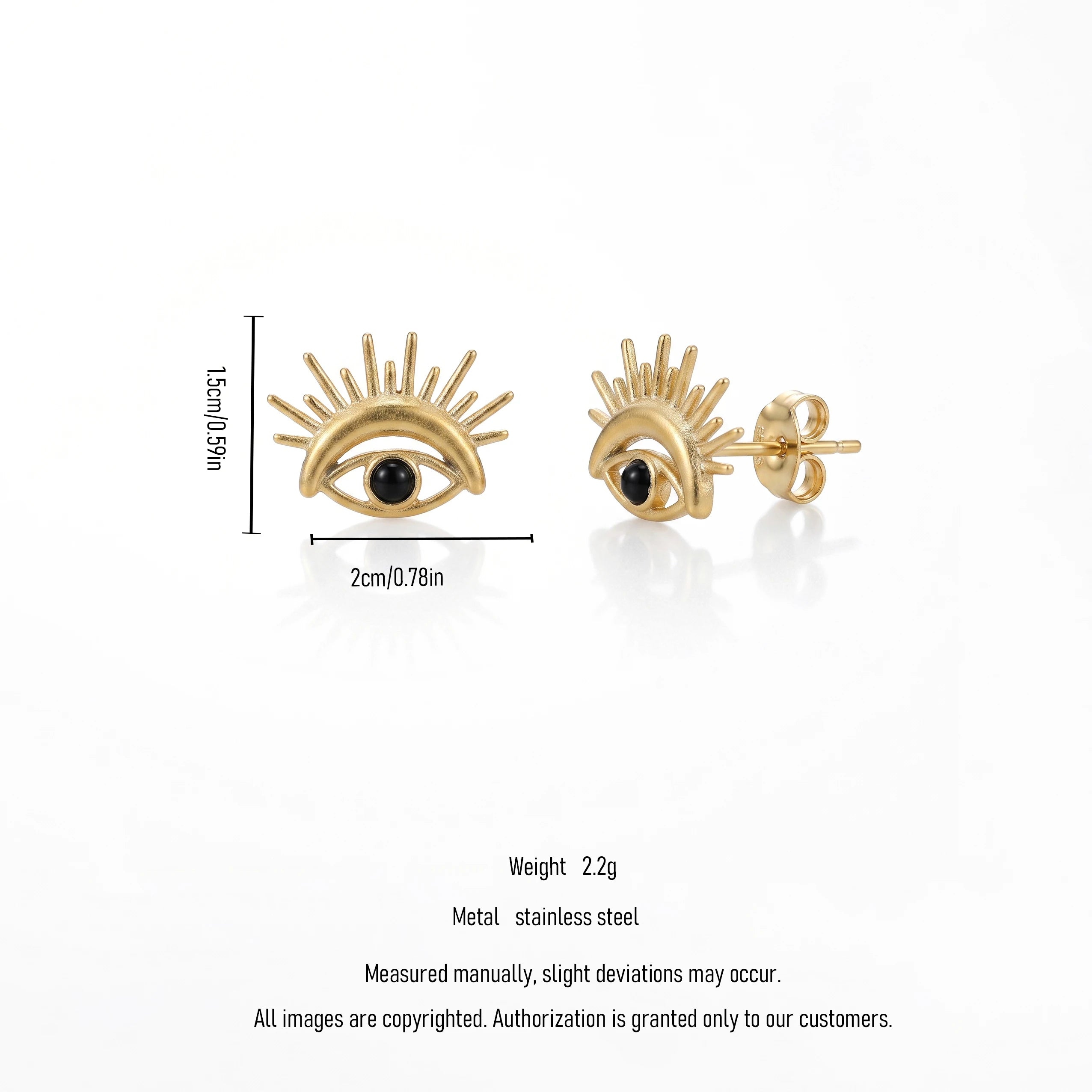 QIAOREN 14033 Matte Gold Stud Earrings With Sunburst Spike Detail, Black Round Bead Inlay Protective Symbol Ear Stud