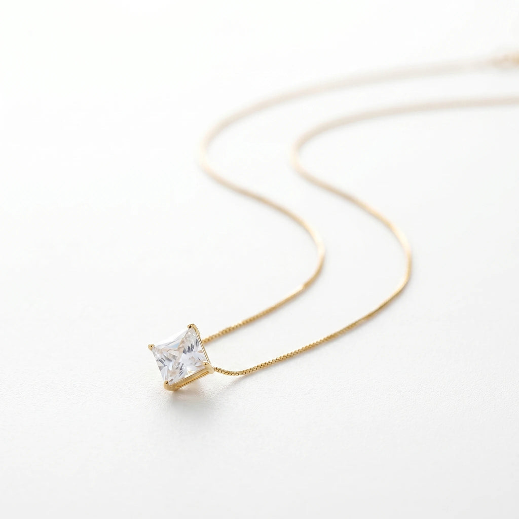 QIAOREN 13170 Stainless Steel Princess Cut CZ Pendant Necklace Gold Plated Elegant Solitaire Jewelry for Women