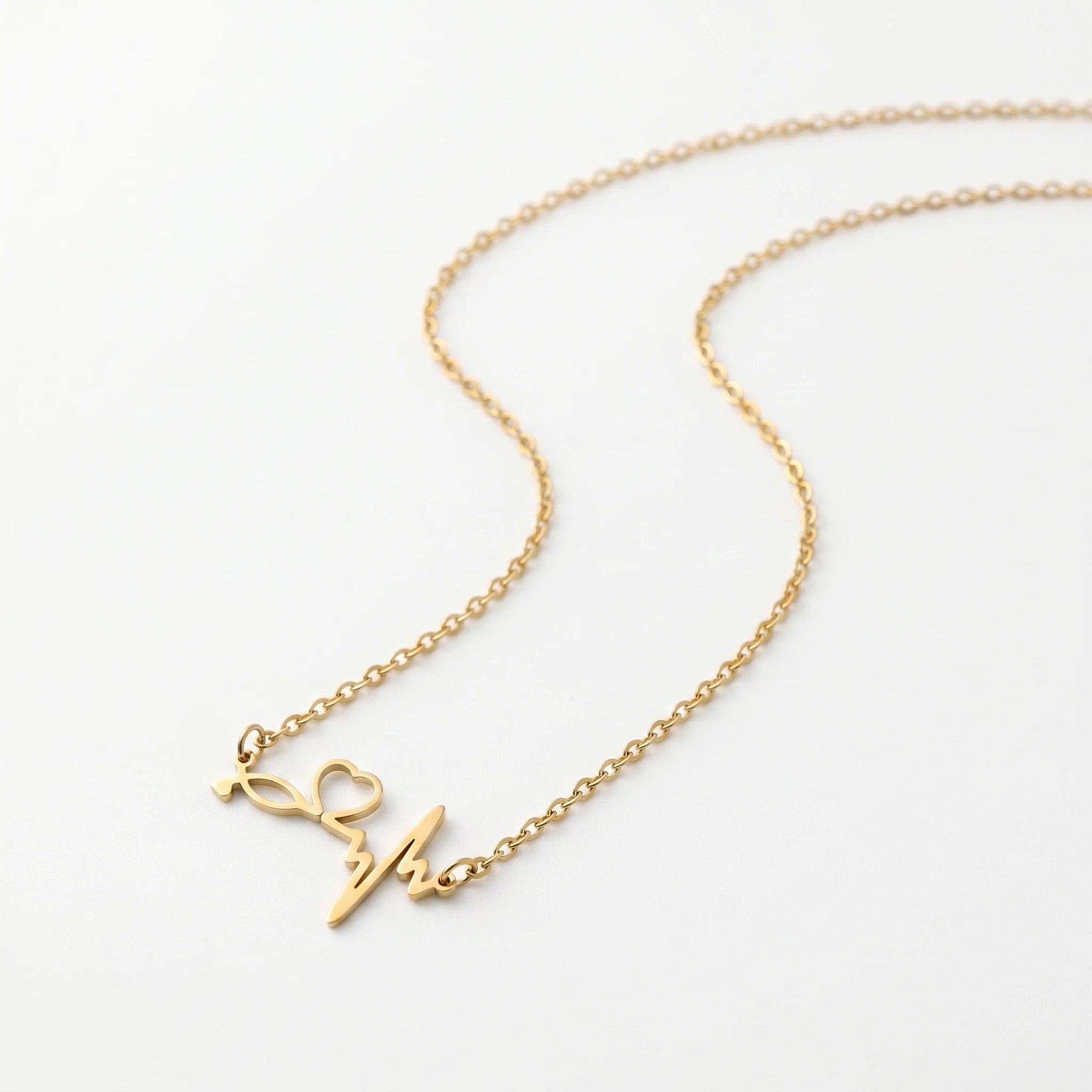 QIAOREN 11814 Waterproof Stethoscope Heartbeat Pendant Necklace 18K Gold Stainless Steel All-Day Wear Medical Themed Jewelry