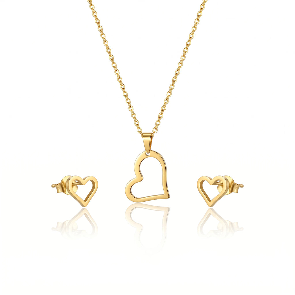 QIAOREN 11741 Waterproof 18K Gold Open Heart Jewelry Set Stainless Steel Beach-Ready Necklace & Earrings