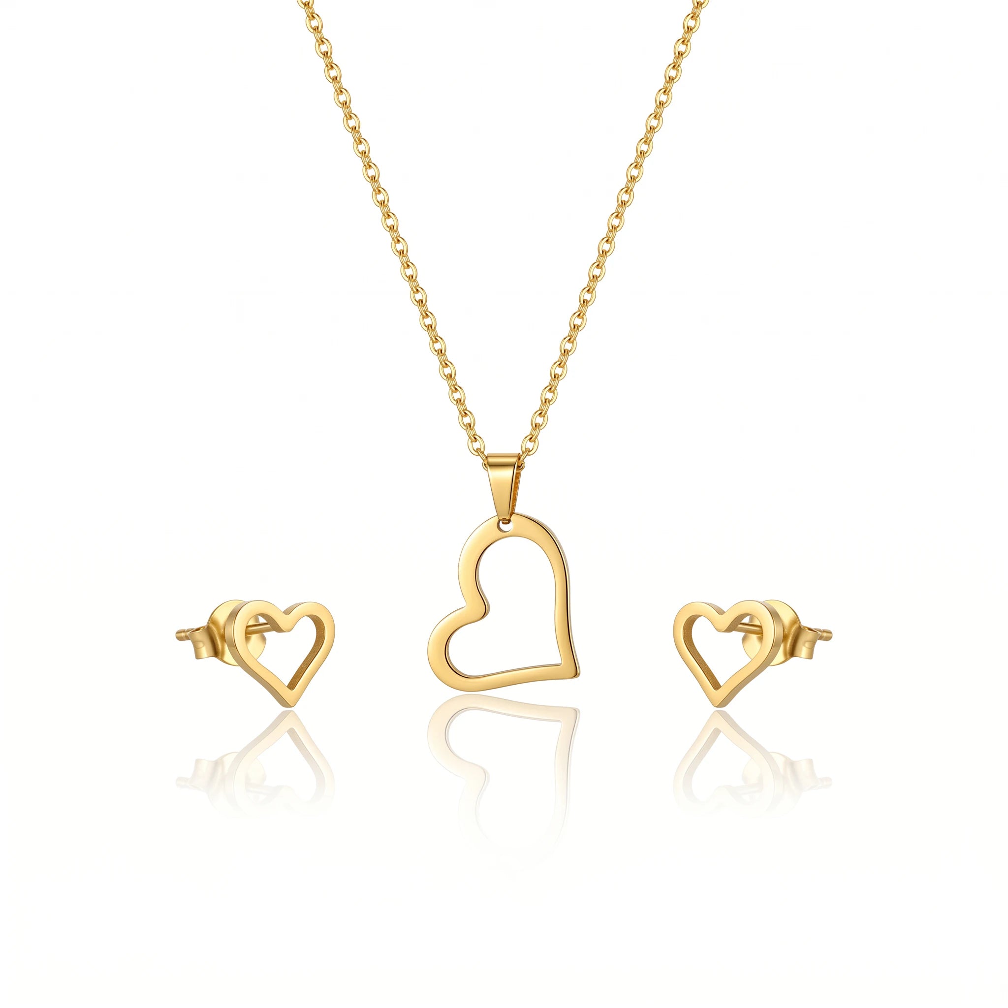 QIAOREN 11741 Waterproof 18K Gold Open Heart Jewelry Set Stainless Steel Beach-Ready Necklace & Earrings