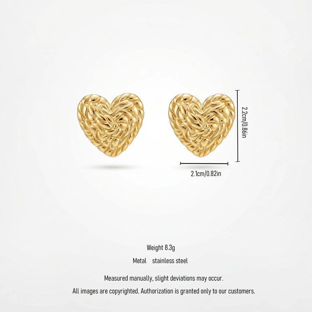 QIAOREN 13249 Gold Stainless Steel Woven Heart Stud Earrings Braided Texture Love Ear Studs Hypoallergenic Jewelry for Women