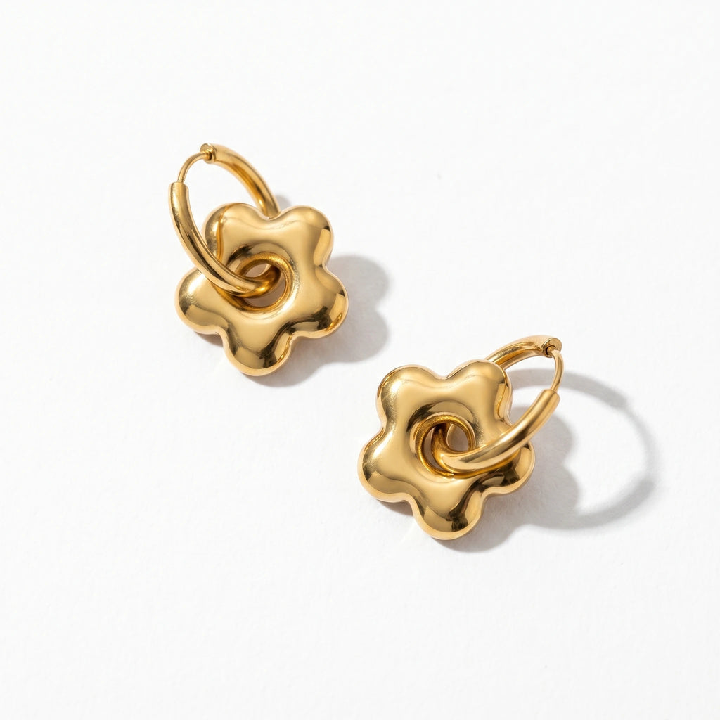 QIAOREN 10841 Waterproof Stainless Steel Floral Charm Drop Earrings Trendy Party 18K Gold Plated Jewelry