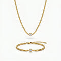 QIAOREN 10542 18K Gold Plated Stainless Steel Chain Jewelry Set - Waterproof CZ Bezel Solitaire Necklace & Bracelet for Women