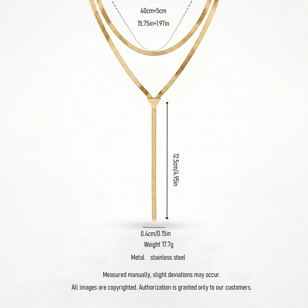 QIAOREN 12872 18K Gold Plated Layered Herringbone Y Necklace, Waterproof Tarnish Free Stainless Steel Snake Chain Lariat Jewelry