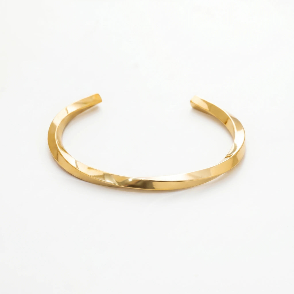 QIAOREN 12658 18K Gold Polished Twisted Texture Open Cuff Bracelet Stainless Steel Adjustable Smooth Wrist Jewelry Daily Gift