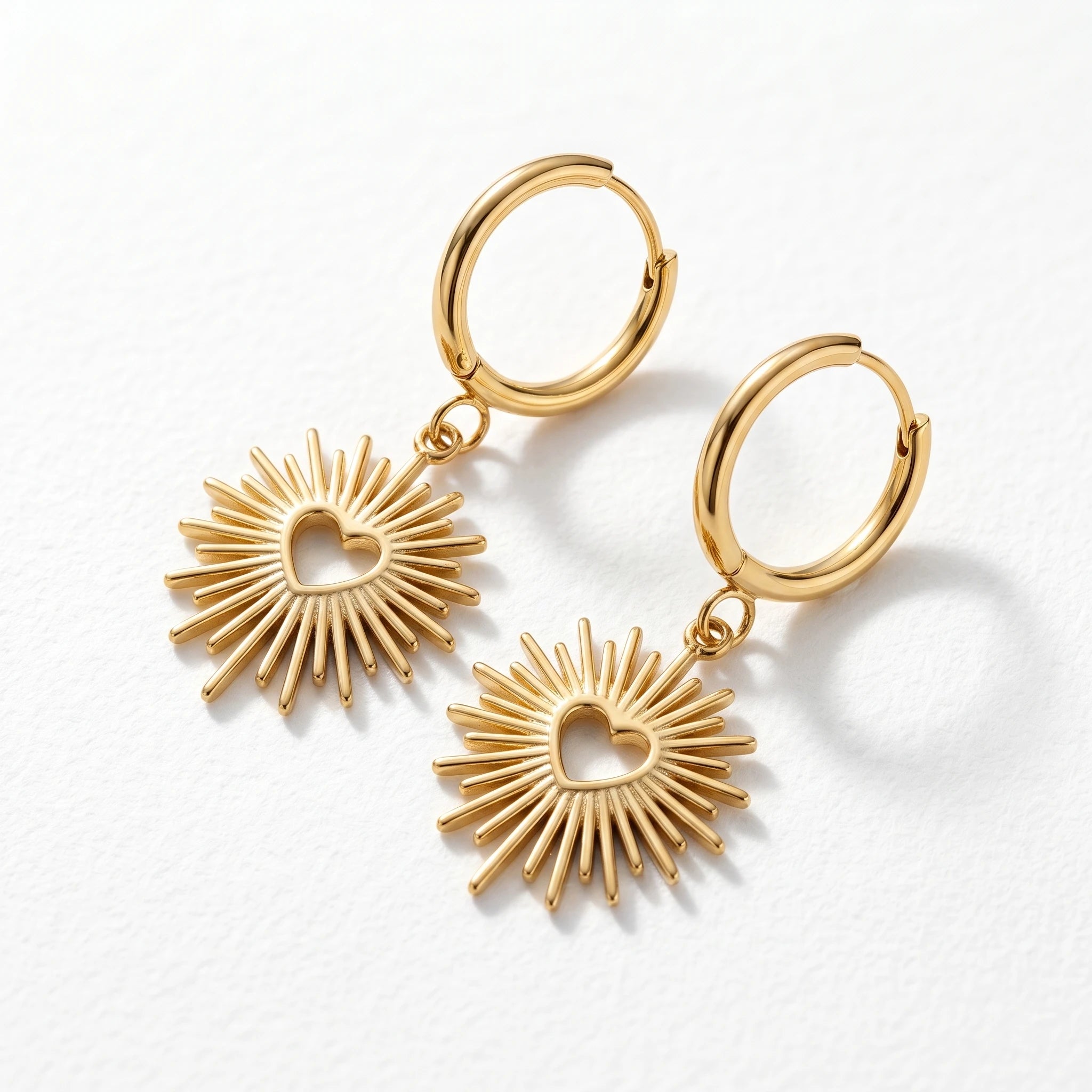QIAOREN 10965 Romantic Heart Sunburst Earrings, 18K Gold Plated Stainless Steel Chic Statement Jewelry