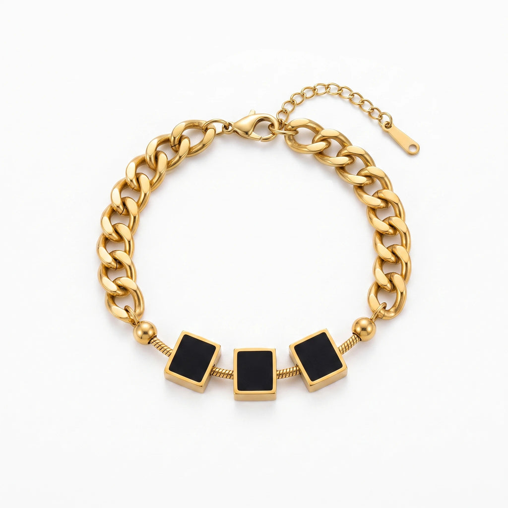 QIAOREN 13765 Thick Cuban Curb Link Bracelet with Three Square Black Onyx Inlaid Charms & Round Ball Spacers