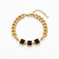 QIAOREN 13765 Thick Cuban Curb Link Bracelet with Three Square Black Onyx Inlaid Charms & Round Ball Spacers
