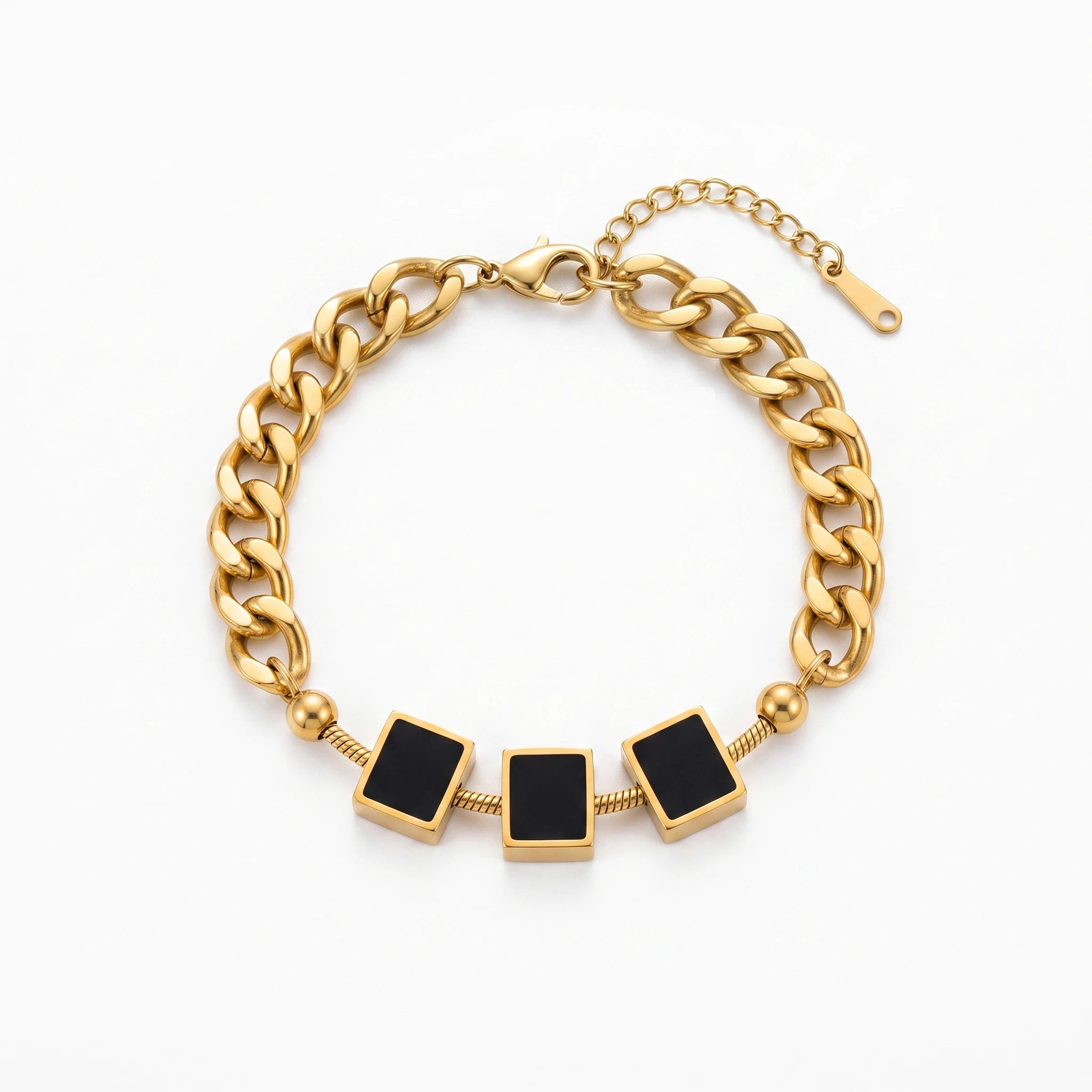 QIAOREN 13765 Thick Cuban Curb Link Bracelet with Three Square Black Onyx Inlaid Charms & Round Ball Spacers